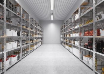 Storage Room Of A Restaurant Or A Cafe With Nonperishable Food Staples, Preserved Foods, Healthy Eating, Fruits And Vegetables.